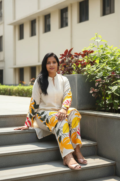 Off-White & Green Floral Printed Khadi Cotton Co-Ord Set