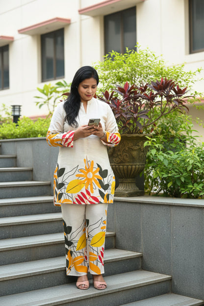 Off-White & Green Floral Printed Khadi Cotton Co-Ord Set