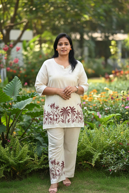Off-White Khadi Co-Ord Set with Tropical Embroidery