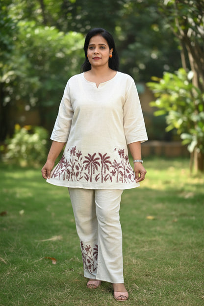 Off-White Khadi Co-Ord Set with Tropical Embroidery