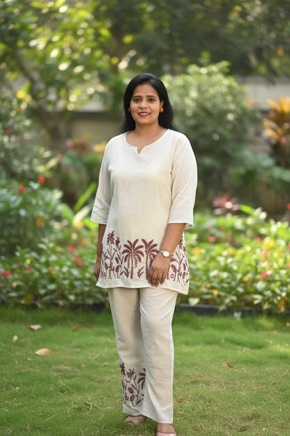 Off-White Khadi Co-Ord Set with Tropical Embroidery