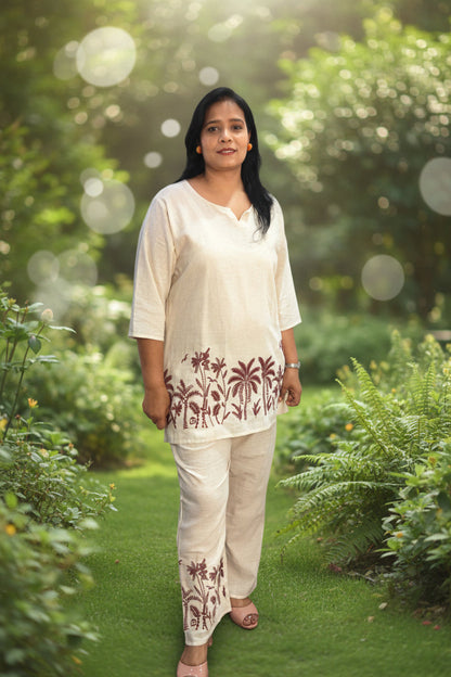 Off-White Khadi Co-Ord Set with Tropical Embroidery