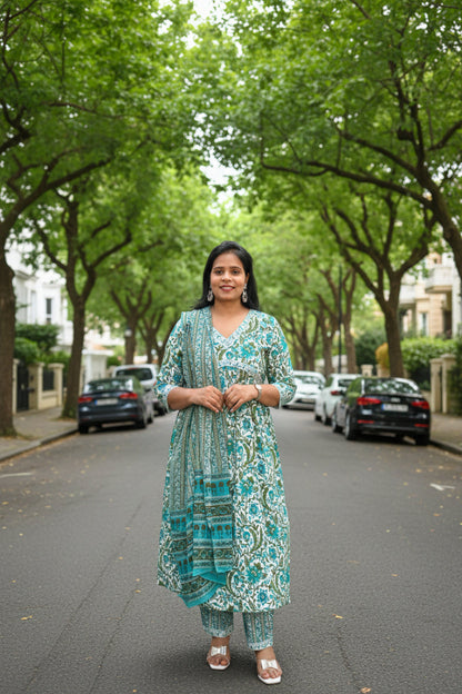 Green Floral Printed Anarkali Suit Set