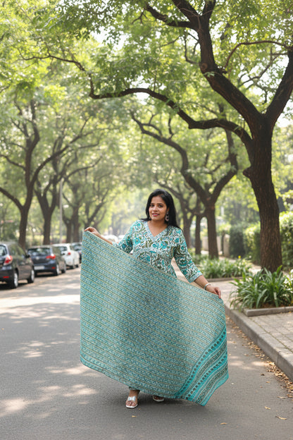 Green Floral Printed Anarkali Suit Set