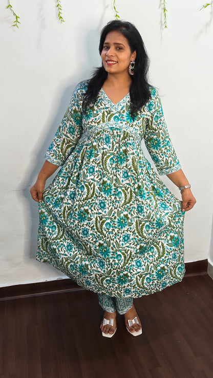 Green Floral Printed Anarkali Suit Set
