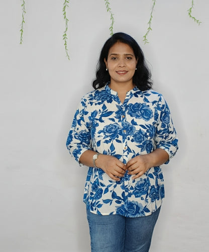 Blue Floral Printed Cotton Top for Women