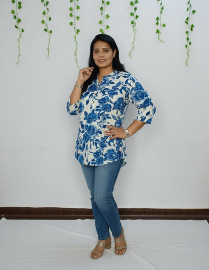 Blue Floral Printed Cotton Top for Women