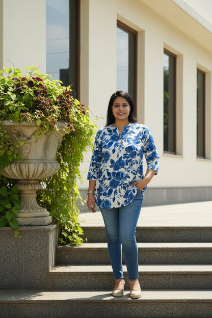 Blue Floral Printed Cotton Top for Women