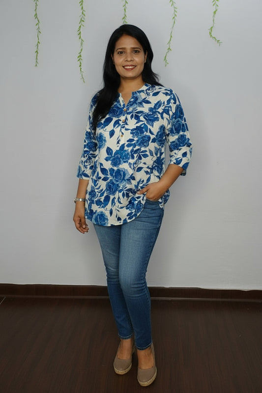 BLUE FLORAL PRINTED COTTON SHORT KURTI