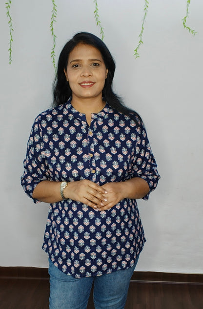 Blue Hand Block Print Cotton Short Top