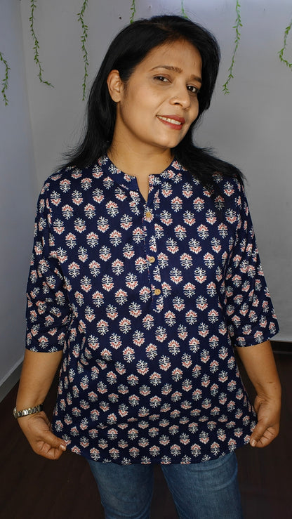 Blue Hand Block Print Cotton Short Top