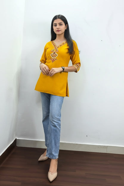 Yellow Embroidered Viscose Rayon Short Kurti