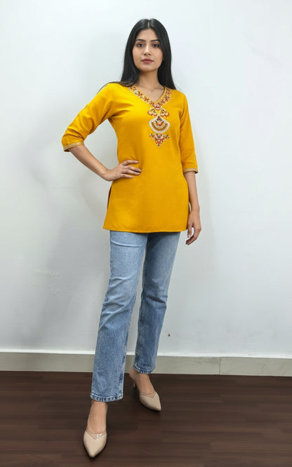 Yellow Embroidered Viscose Rayon Short Kurti