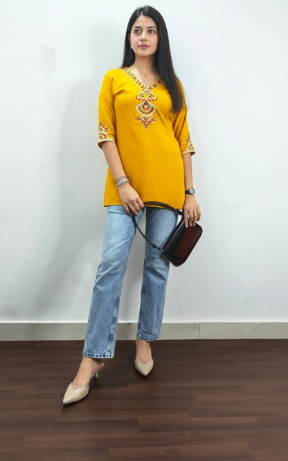 Yellow Embroidered Viscose Rayon Short Kurti