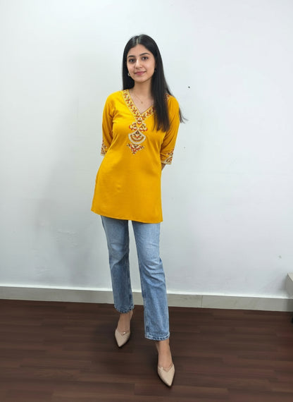 Yellow Embroidered Viscose Rayon Short Kurti