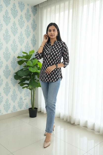 Black Hand Block Print Cotton Short