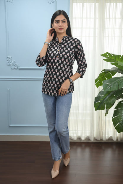 Black Hand Block Print Cotton Short
