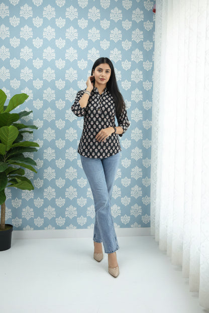 Black Hand Block Print Cotton Short