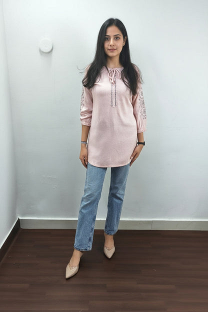 Baby Pink Linen Embroidered Casual Top
