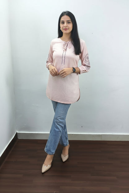 Baby Pink Linen Embroidered Casual Top