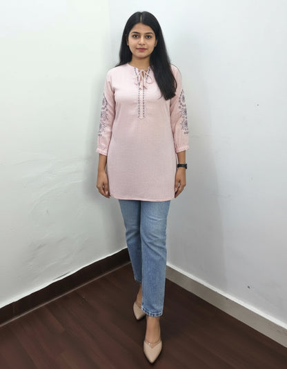 Baby Pink Linen Embroidered Casual Top
