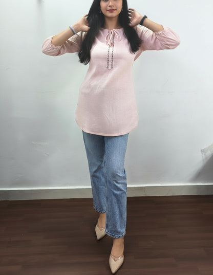 Baby Pink Linen Embroidered Casual Top