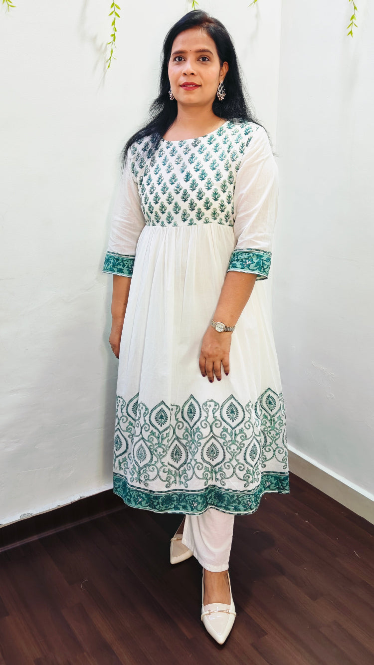 MUL COTTON WHITE & BLUE FLORAL BLOCK PRINT ANARKALI SUIT SET