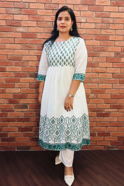 MUL COTTON WHITE & BLUE FLORAL BLOCK PRINT ANARKALI SUIT SET