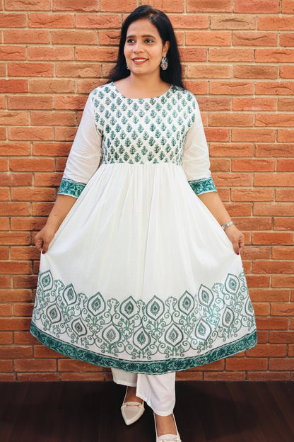 MUL COTTON WHITE & BLUE FLORAL BLOCK PRINT ANARKALI SUIT SET