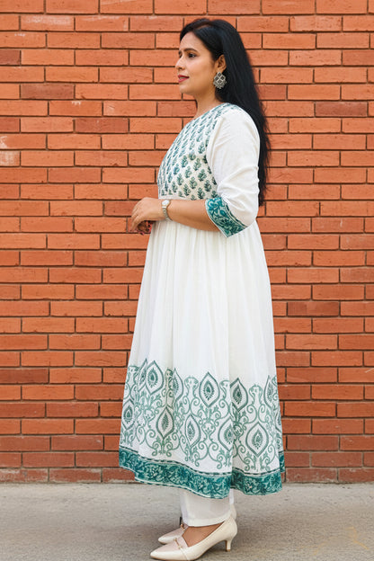 MUL COTTON WHITE & BLUE FLORAL BLOCK PRINT ANARKALI SUIT SET