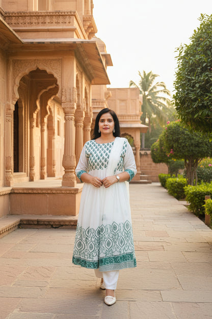 MUL COTTON WHITE & BLUE FLORAL BLOCK PRINT ANARKALI SUIT SET