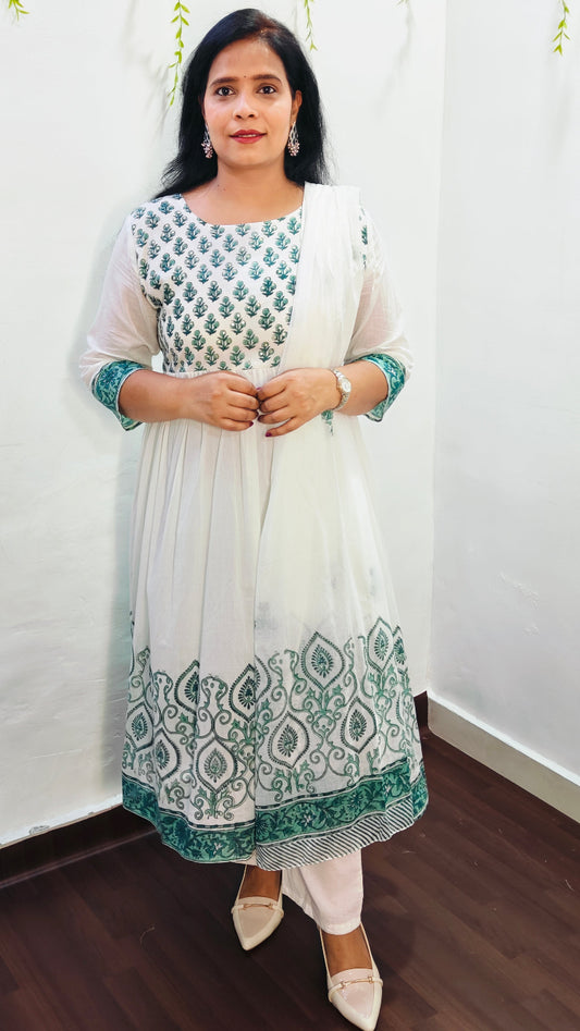 MUL COTTON WHITE & BLUE FLORAL BLOCK PRINT ANARKALI SUIT SET