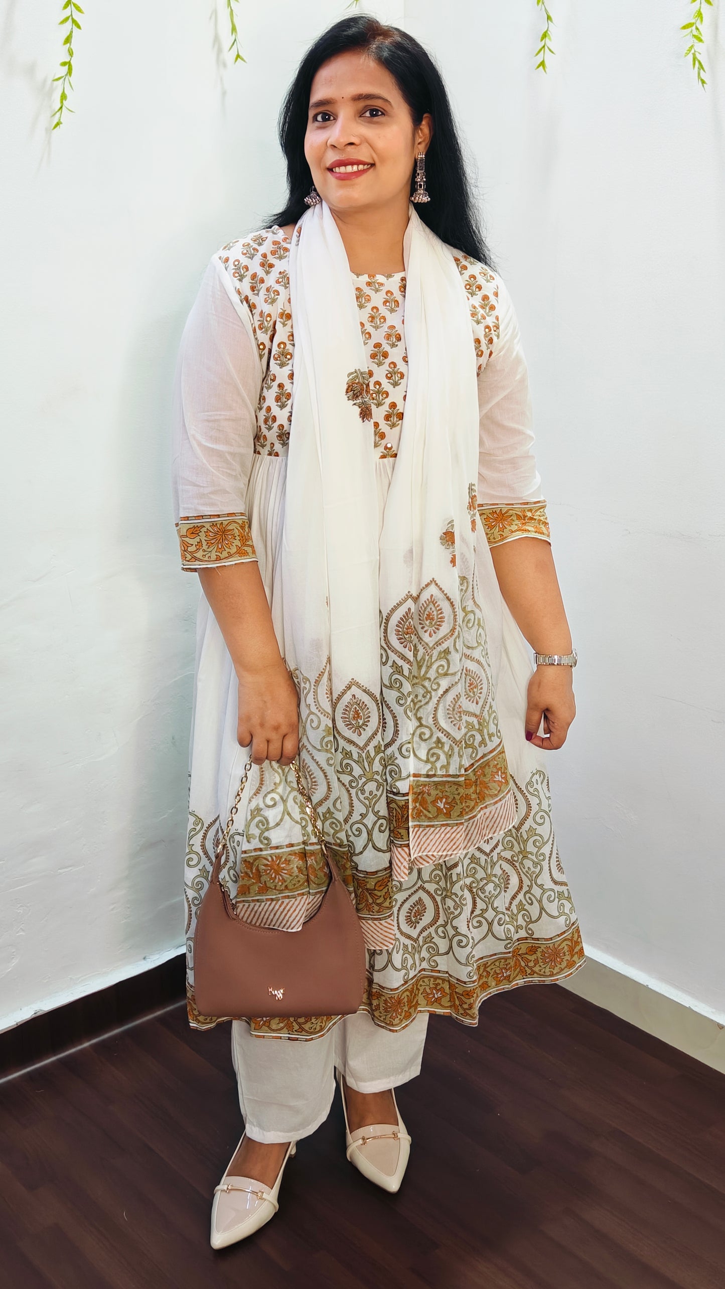 MUL COTTON YELLOW FLORAL BLOCK PRINT ANARKALI SUIT SET