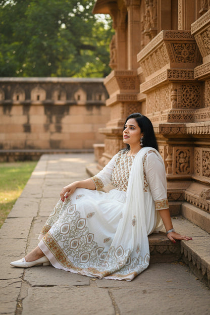 Yellow Mul Cotton Floral Block Print Anarkali Suit Set