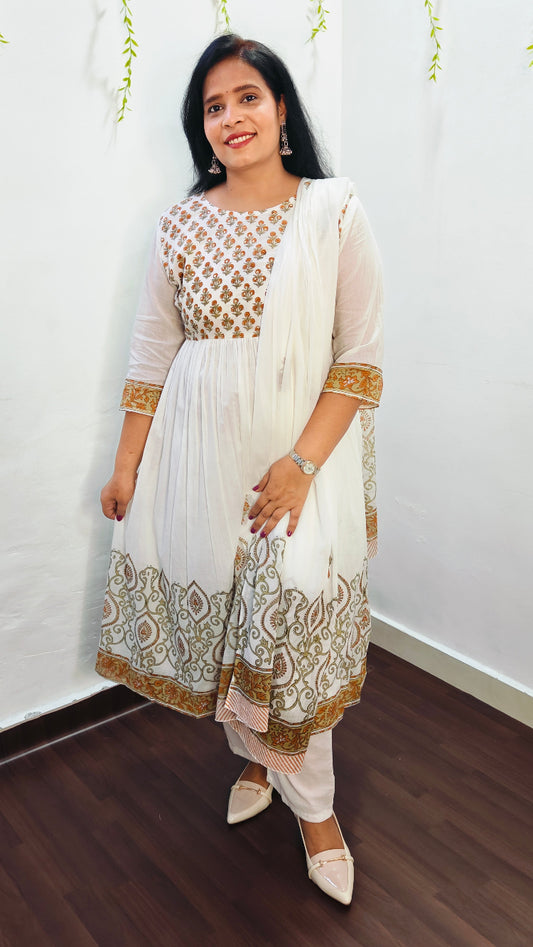 MUL COTTON YELLOW FLORAL BLOCK PRINT ANARKALI SUIT SET