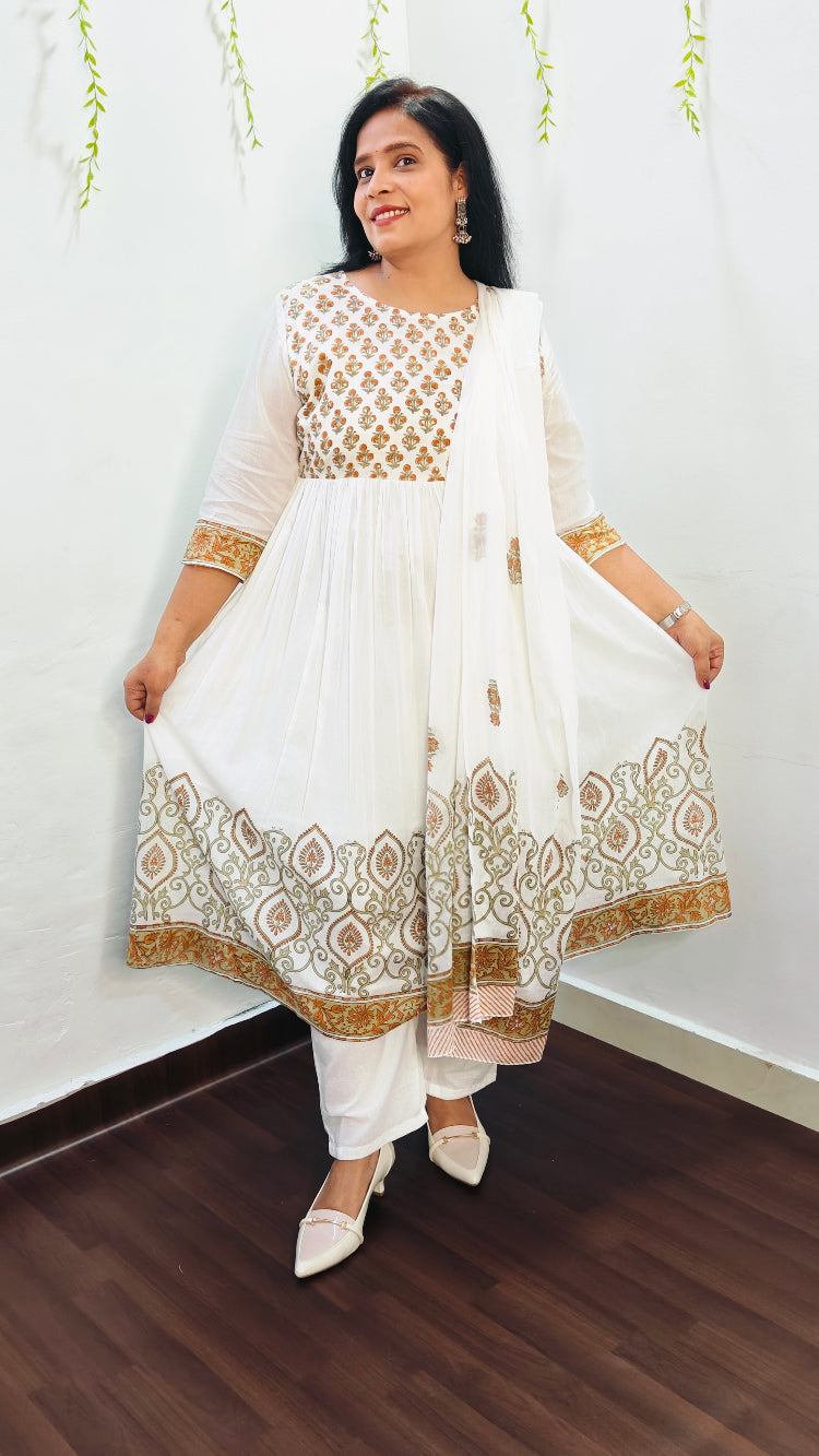 MUL COTTON YELLOW FLORAL BLOCK PRINT ANARKALI SUIT SET