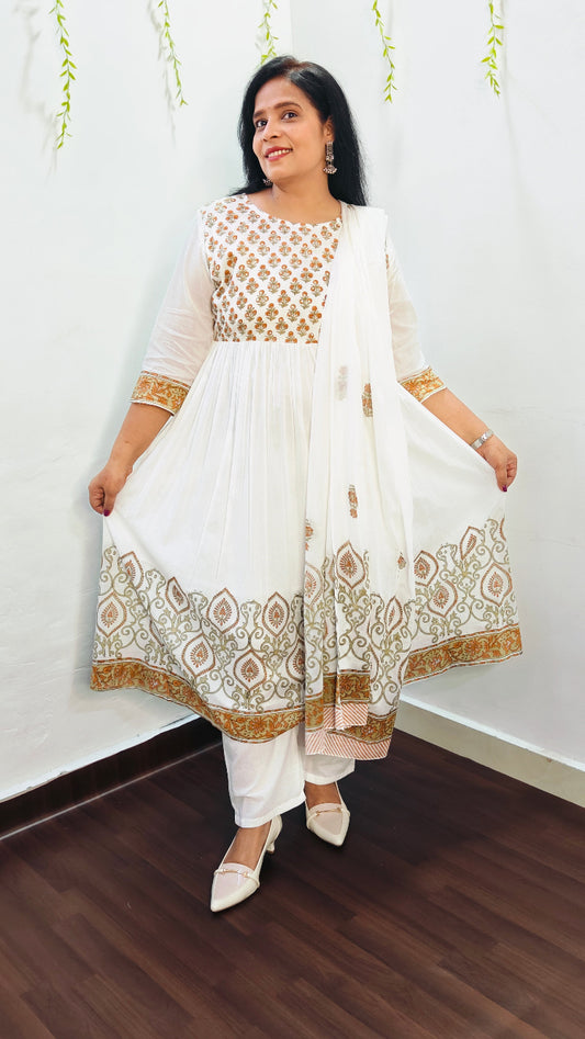 MUL COTTON YELLOW FLORAL BLOCK PRINT ANARKALI SUIT SET
