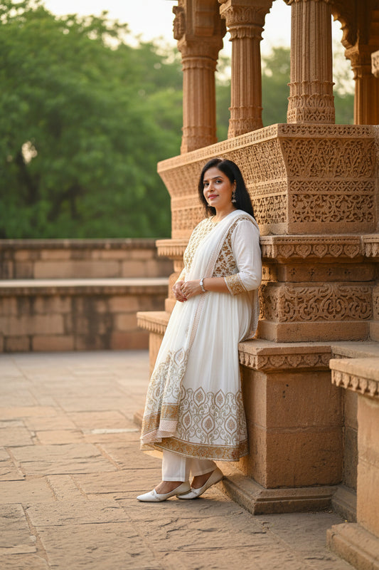 MUL COTTON YELLOW FLORAL BLOCK PRINT ANARKALI SUIT SET