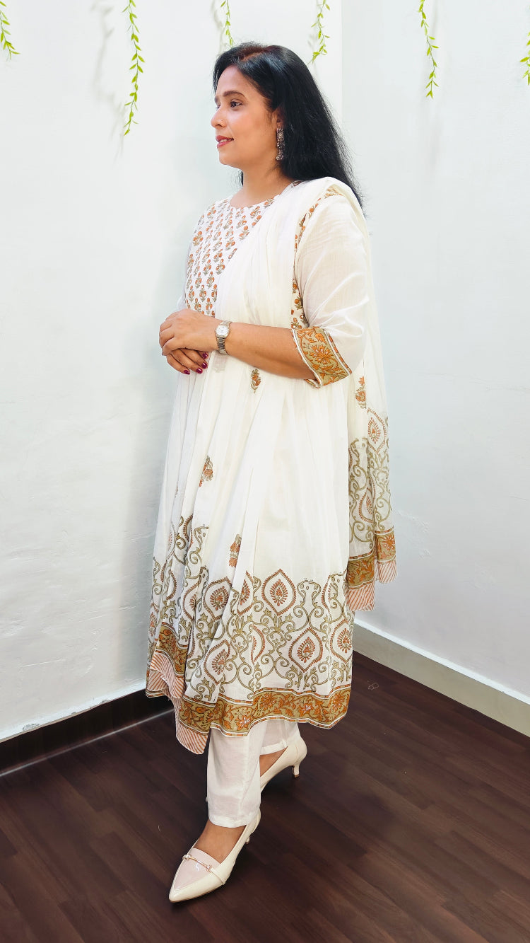 MUL COTTON YELLOW FLORAL BLOCK PRINT ANARKALI SUIT SET
