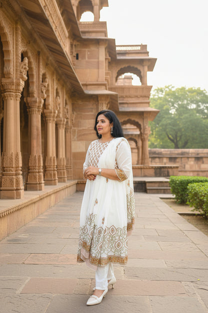 Yellow Mul Cotton Floral Block Print Anarkali Suit Set