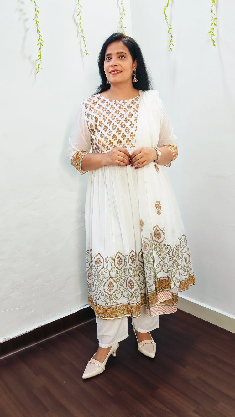 MUL COTTON YELLOW FLORAL BLOCK PRINT ANARKALI SUIT SET