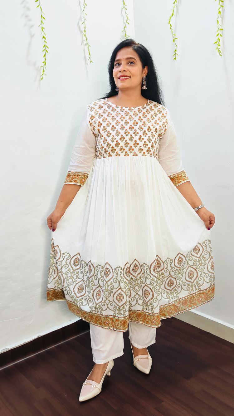 MUL COTTON YELLOW FLORAL BLOCK PRINT ANARKALI SUIT SET
