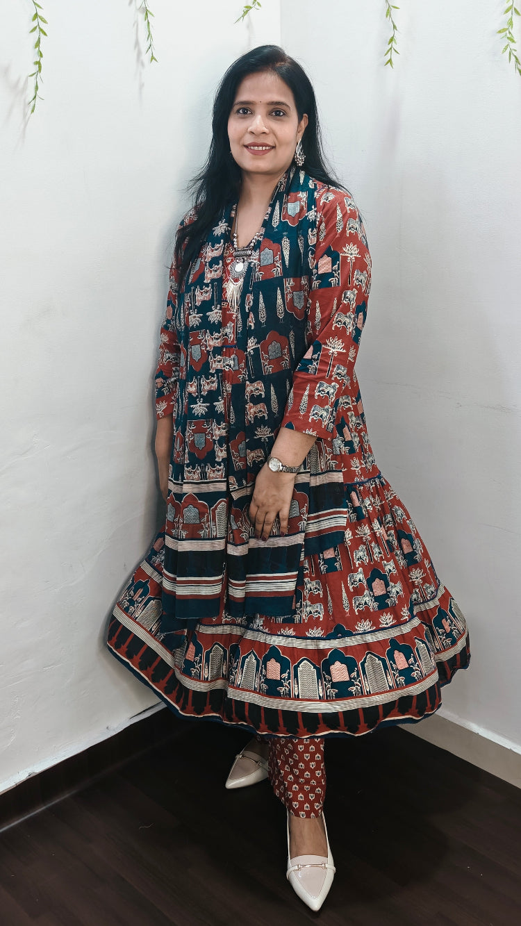 BHAVIAURA RED COTTON ANARKALI SUIT SET