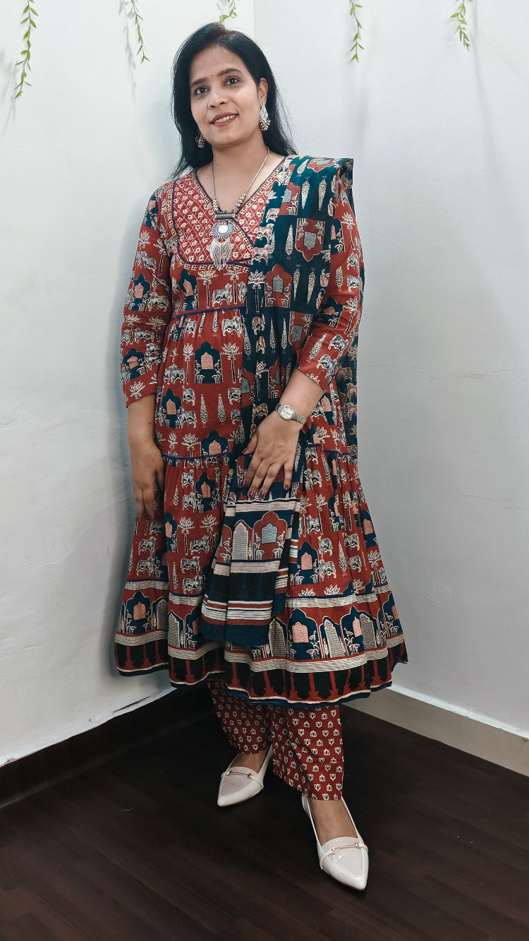 BHAVIAURA RED COTTON ANARKALI SUIT SET