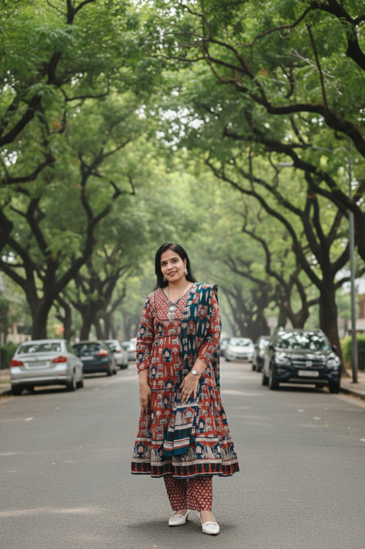 BHAVIAURA RED COTTON ANARKALI SUIT SET
