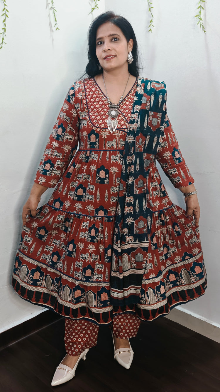 BHAVIAURA RED COTTON ANARKALI SUIT SET