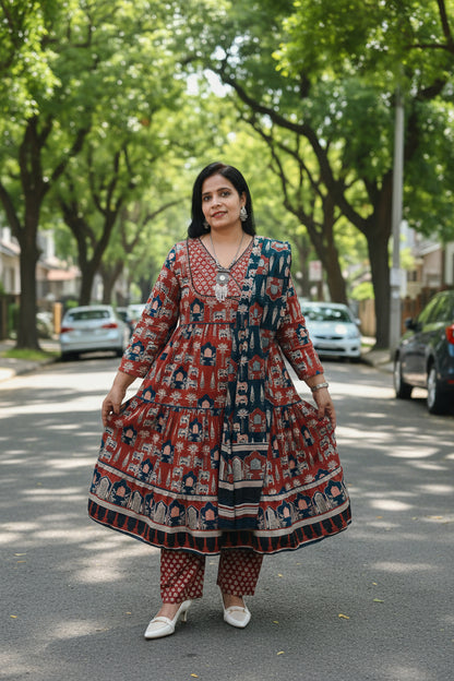 Red Cotton Anarkali Suit Set