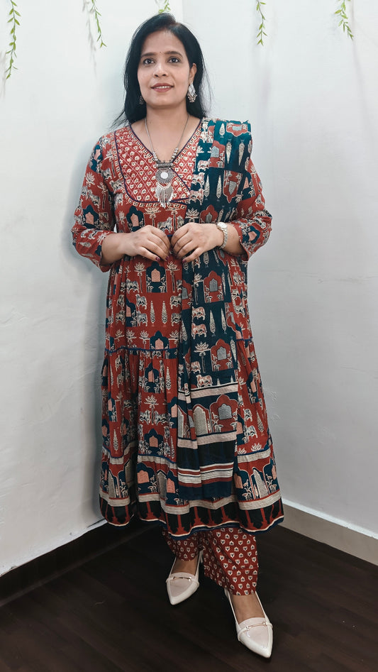 BHAVIAURA RED COTTON ANARKALI SUIT SET
