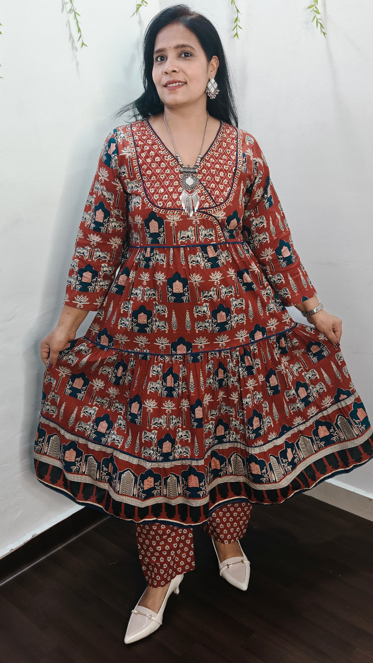 BHAVIAURA RED COTTON ANARKALI SUIT SET