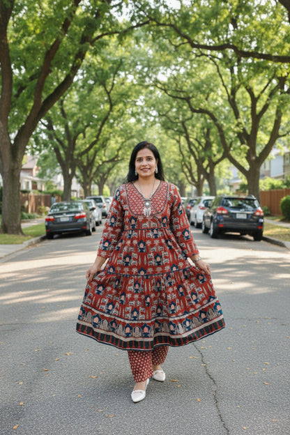 Red Cotton Anarkali Suit Set
